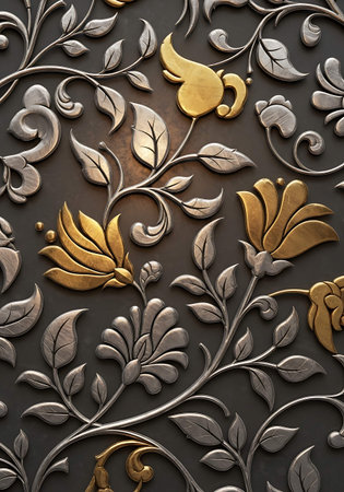 Beautiful metal ornament on the wall as a background, closeup of photo