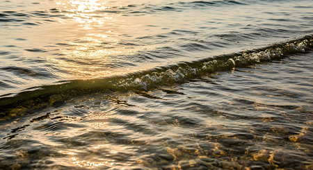 Sunset on the Baltic Sea with waves and water splashes.の写真素材
