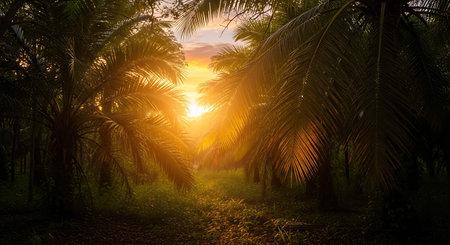 Sunset in the coconut palm tree forest. Landscape nature background