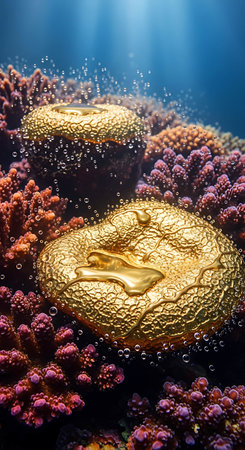 Gold heart on a coral reef in the ocean. 3d renderingの写真素材