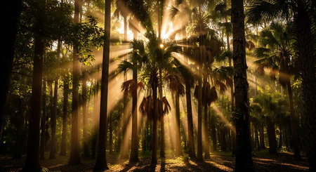 Tropical forest in the morning with sunbeams and lens flareの写真素材