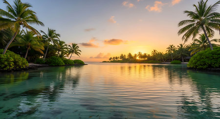 tropical beach with coconut palm tree and blue lagoon at sunsetの写真素材