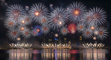 Beautiful fireworks display for celebration happy new year and merry christmas at nightの写真素材