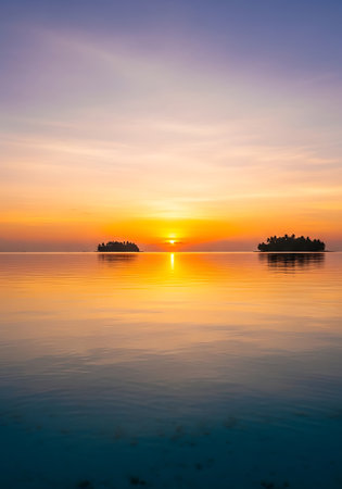Beautiful sunset on the lake with reflection in the water. Thailand.の写真素材