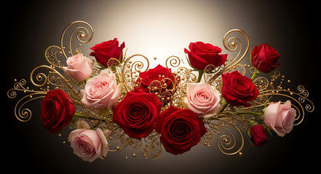 Valentine's day background with red roses and golden elements.の写真素材
