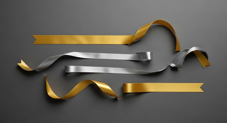 3d render of golden and silver ribbons on a black backgroundの写真素材