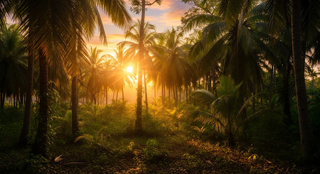 Sunset in the jungle with palm trees and sunbeams.の写真素材
