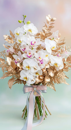 Bouquet of white orchids with gold and silver ribbonの写真素材