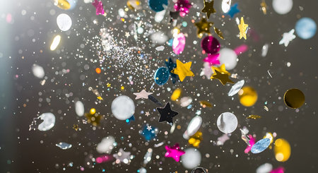 colorful confetti on a dark background with bokeh effectの写真素材