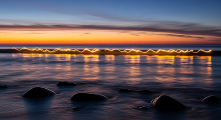 Beautiful sunset on the Baltic Sea in Poland. Long exposure.の写真素材
