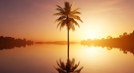 Coconut palm tree on the bank of the river at sunsetの写真素材