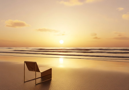 3d render of chair on the beach at sunset with sea backgroundの写真素材
