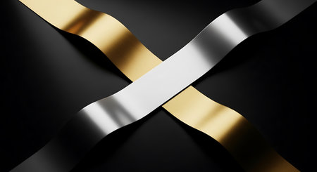 Black and gold ribbon on a black background. 3d render illustrationの写真素材