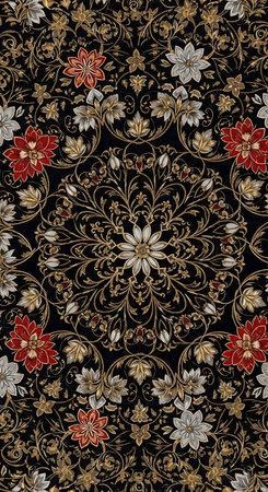 Seamless floral pattern with gold and red flowers on black background