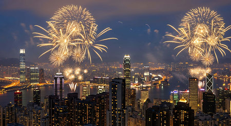 Fireworks over Hong Kong. Hong Kong is one of the most densely populated areas in the world.