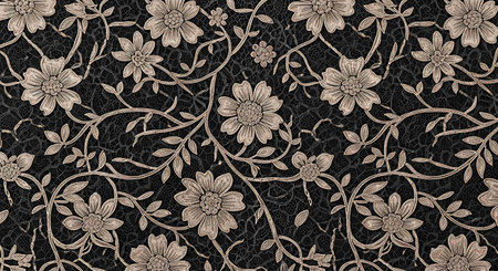 Seamless floral pattern with flowers and leaves on a black backgroundの写真素材