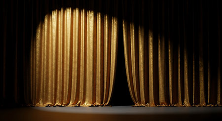 Golden stage curtain with spotlights, 3d render. Stage backgroundの写真素材
