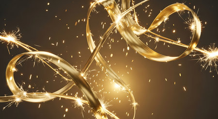 3d illustration of abstract background with golden rings and sparklers.の写真素材