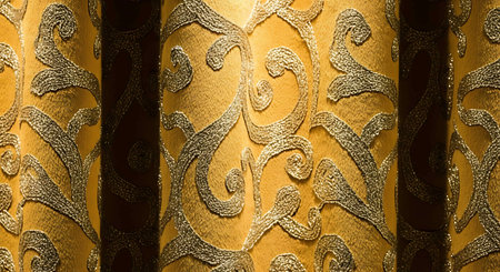 Texture, background, pattern. The fabric is golden in color with a relief pattern. The material is decorated with gold ornamentsの写真素材