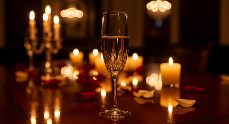 Champagne glass on a table with candles and rose petals.の写真素材