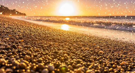 Sunset on the beach with pebble stones and sea waves