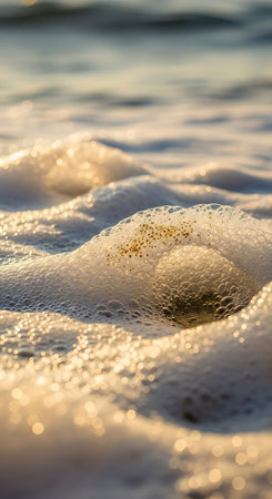 Close up of foamy sea waves with foam and bubbles at sunsetの写真素材