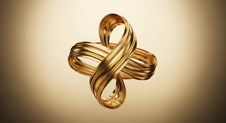 3d rendering of abstract geometric shape made of golden rings on beige backgroundの写真素材