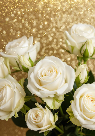 Bouquet of white roses on a golden background with sparklesの写真素材