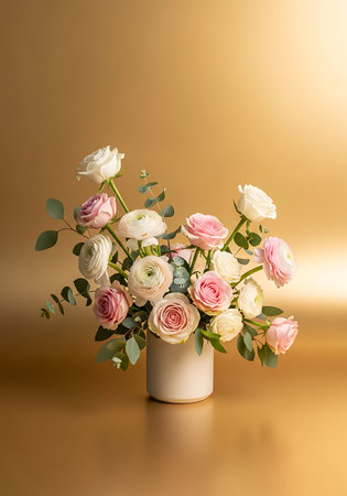 Beautiful bouquet of flowers in vase on beige background