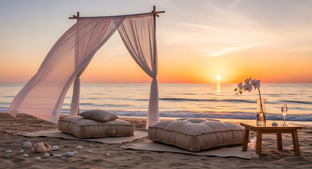 Pillow on the beach with a beautiful sunset. 3d renderingの写真素材