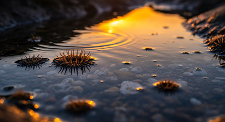 Sea urchins in the water at sunset, close-upの写真素材