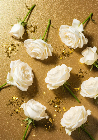 White roses on golden background. Flat lay, top view, copy spaceの写真素材