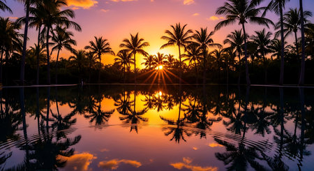 Silhouette palm tree at sunset with reflection in the pool.の写真素材