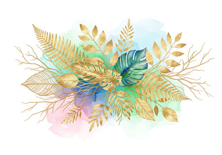 Gold tropical leaves and golden branches on watercolor background. Vector illustration.の写真素材