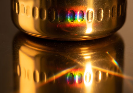 Close-up of a magic lamp on a reflective surface with a rainbowの写真素材