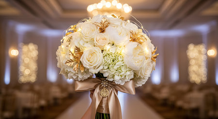 Wedding bouquet of white roses on the background of the interiorの写真素材