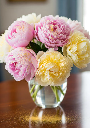 bouquet of peonies in a vase on the tableの写真素材