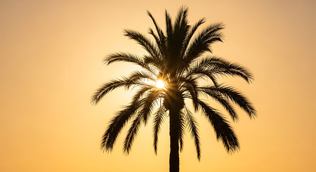 Silhouette of palm tree on sunset sky background - Vintage Filter
