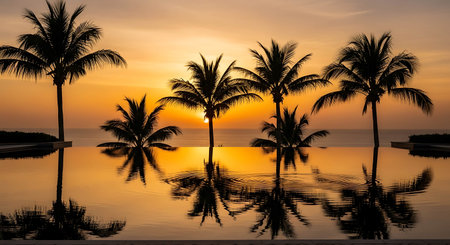 Silhouette palm tree with beautiful swimming pool in hotel resort at sunrise times - Vintage Filterの写真素材