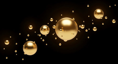 Abstract 3d rendering of golden balls with drops on black background.の写真素材