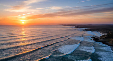 Aerial view of a beautiful sunset over the Atlantic Ocean in Portugalの写真素材