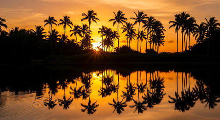 Silhouette coconut palm tree with reflection on the lake at sunsetの写真素材