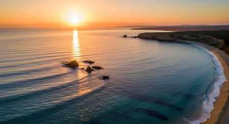 Sunset over the beach of Praia da Rocha, Portugalの写真素材