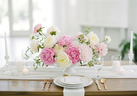 Elegant table setting with pink and white flowers in vase
