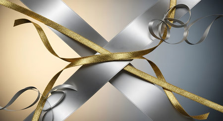 3D render of silver and gold ribbons on a grey backgroundの写真素材