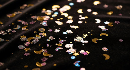 Gold glitter on black silk background. Golden confetti on black fabric.