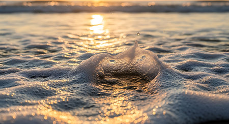 Sea wave with foam on the beach at sunset. Soft focus.の写真素材