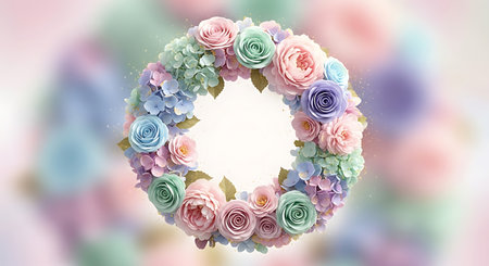 Floral wreath with roses and hydrangea. 3d illustrationの写真素材