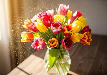 Bouquet of tulips in a vase on a wooden tableの写真素材