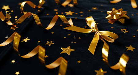 Golden ribbon and confetti on black background. Festive concept.